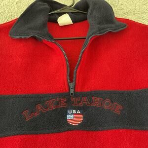 Vintage Lake Tahoe Sweater Mens S Pullover 1/4 Zip Fleece Red USA Flag Mock NICE